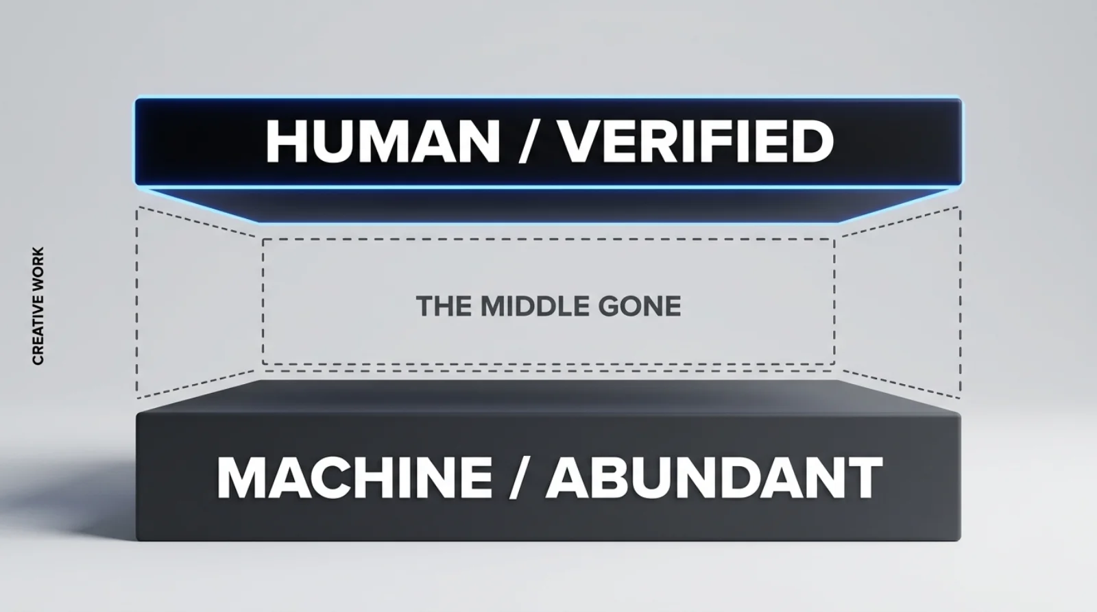 Creative work stratifies: verified human at the top, abundant machine below, and the middle gone