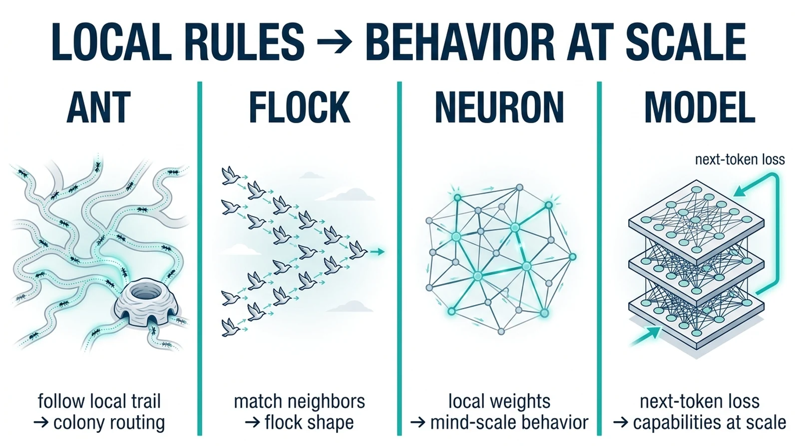 Local rules to behavior at scale across ant, flock, neuron, and model — same emergence shape