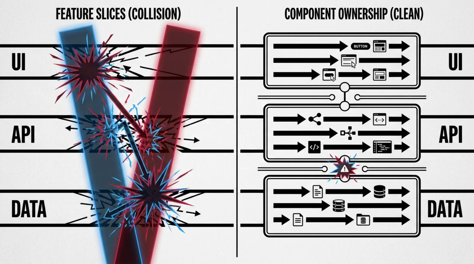 Feature slices collide across layers; component ownership keeps collisions rare and at the boundaries