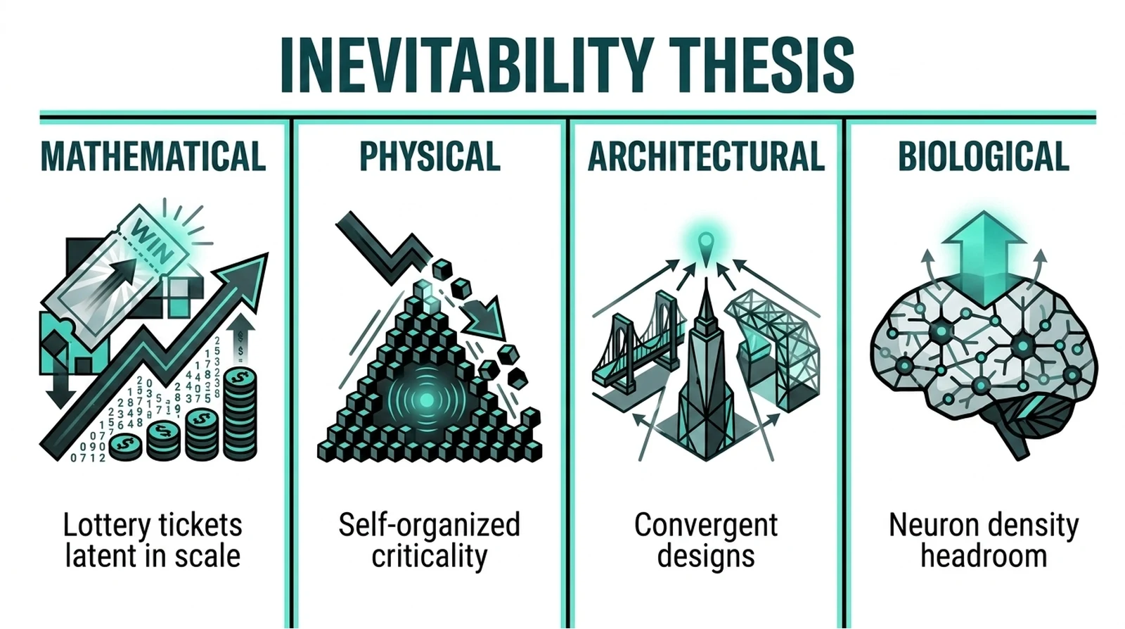 Inevitability thesis in four columns: mathematical, physical, architectural, biological — each with a short caption