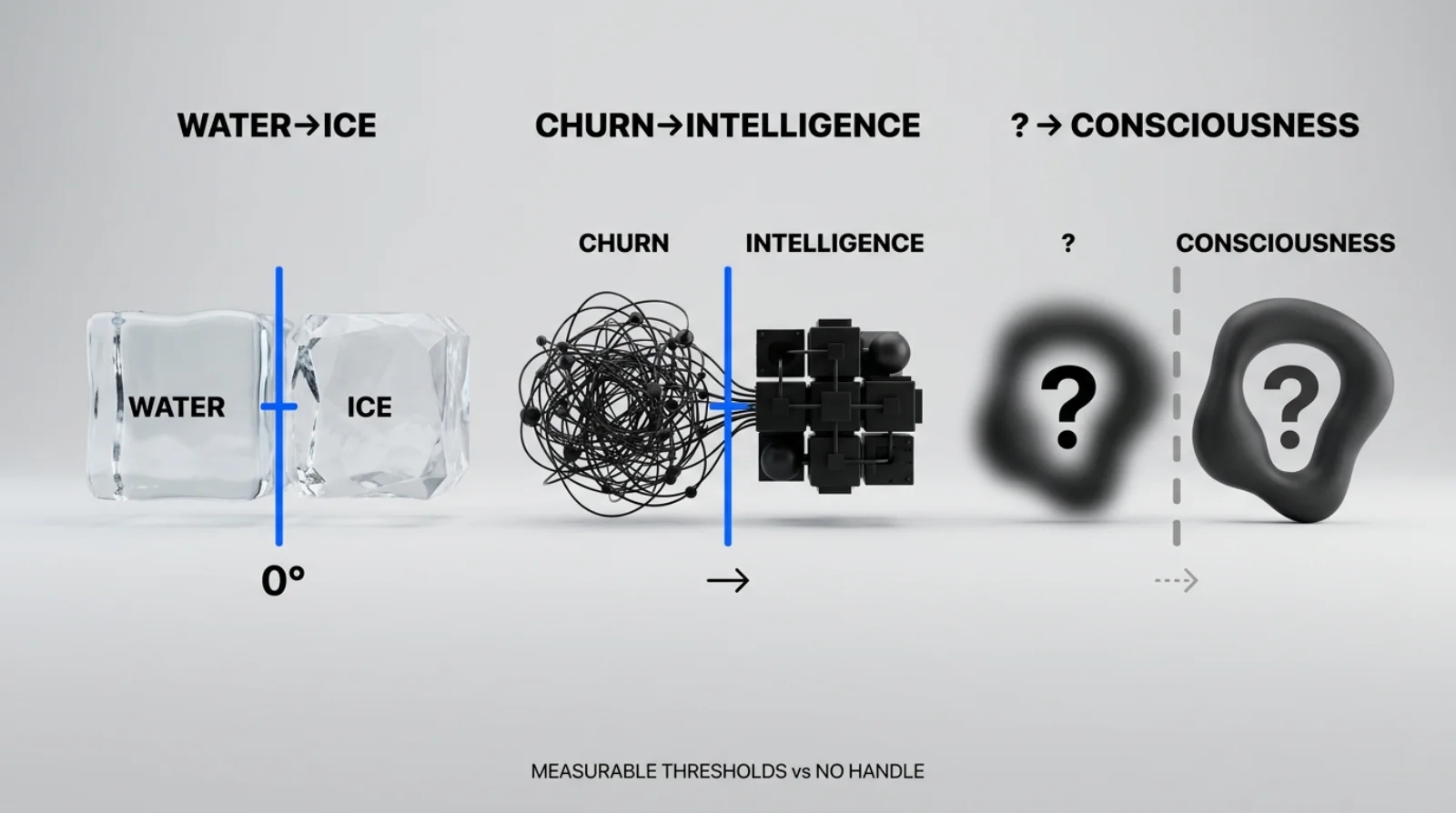 Measurable thresholds for ice and intelligence versus no handle for consciousness
