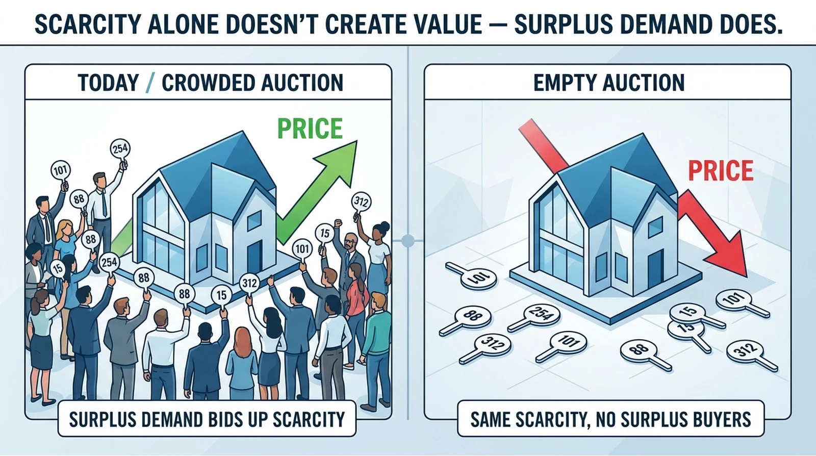 Scarcity alone doesn’t create value: crowded auction bids price up; empty auction leaves the same asset unsold