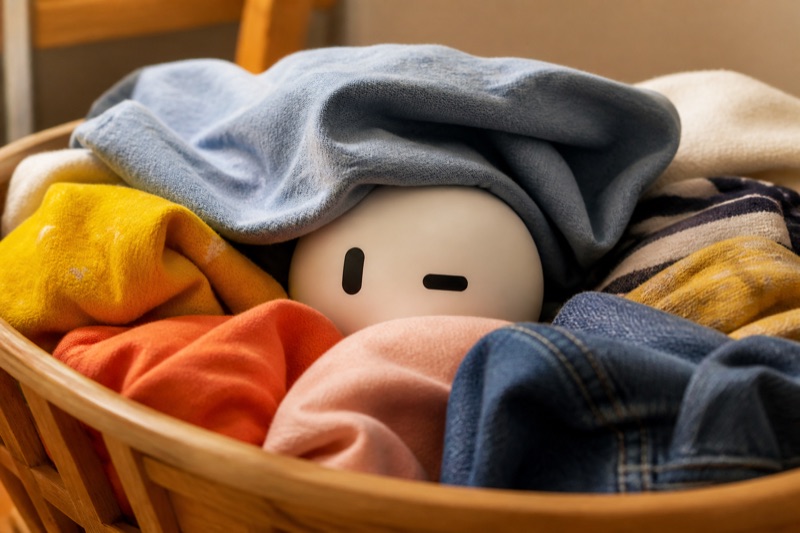 An AI-generated rendering of Grok Bot peeking out of a laundry basket.