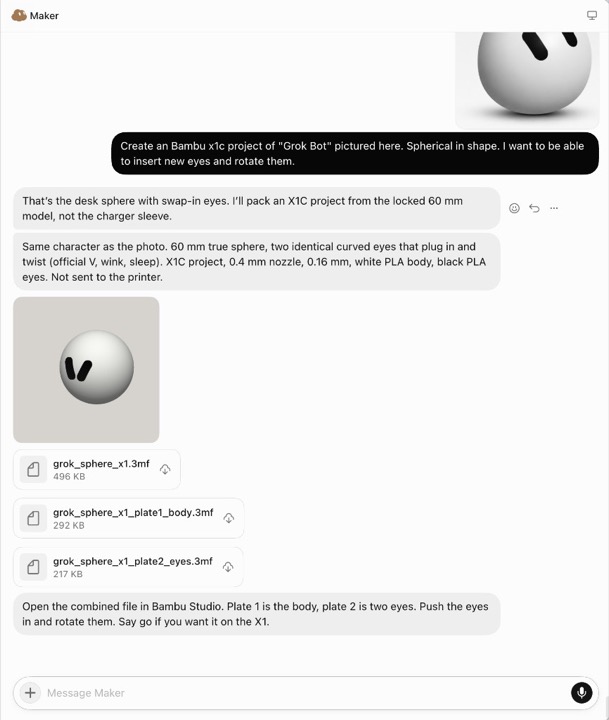 A conversation with Maker showing the request and three downloadable Bambu project files.