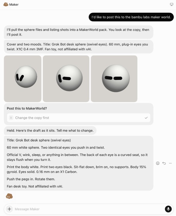 A conversation with Maker showing the MakerWorld listing draft and three expression renders.